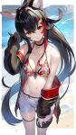  1girl animal_ear_fluff animal_ears bare_shoulders beach bikini bikini_under_clothes black_choker black_hair black_jacket border breasts choker collarbone floating_hair hair_ornament hairclip hand_in_own_hair hand_up highres hololive jacket leaf_print long_hair looking_at_viewer maple_leaf_print medium_breasts multicolored_hair navel off_shoulder ookami_mio open_fly orange_eyes parted_lips ponytail red_hair scottie_(phantom2) short_shorts shorts sidelocks solo stomach streaked_hair swimsuit tail thigh_strap two-sided_fabric two-sided_jacket very_long_hair virtual_youtuber water_drop wet white_border white_shorts wolf_ears wolf_girl wolf_tail 