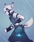  anthro armor blue_light butler butt canid canine canis clothing emellond fur gauntlets gloves handwear hi_res looking_back male mammal pockets solo straps white_body white_fur wolf zenless_zone_zero 