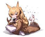  1girl absurdres animal_ears arknights beudelb black_bow bow brown_hair brown_pajamas ceobe_(arknights) dog_ears dog_girl dog_tail fang finger_to_mouth hair_between_eyes hair_bow hair_ornament hairclip hand_up highres holding holding_pillow legs_up long_hair looking_at_viewer lying on_stomach onesie open_mouth pajamas pillow red_eyes simple_background skin_fang solo tail very_long_hair white_background 