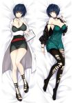  1girl bare_arms bare_shoulders belt black_dress black_jacket black_legwear blonde_hair blush breasts choker cleavage coat dakimakura_(medium) doctor dress finger_to_mouth full_body gothic green_dress grin high_heels jacket jewelry knee_up knees_together_feet_apart labcoat large_breasts legs looking_at_viewer lying medium_hair moeanime necklace no_bra off_shoulder on_back pantyhose persona persona_5 red_eyes smile solo spaghetti_strap strap_slip takemi_tae torn_clothes torn_legwear white_coat 