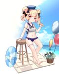  1girl absurdres animal_ears arknights balloon bare_legs barefoot beach bear_ears bear_girl blush breasts food gummy_(arknights) gummy_(summer_flowers)_(arknights) highres holding holding_ice_cream ice_cream innertube kuroshiroemaki looking_at_viewer navel official_alternate_costume outdoors plant potted_plant sailor_bikini sailor_collar skindentation small_breasts solo sunlight swimsuit thigh_strap yellow_eyes younger 
