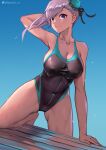  1girl absurdres arm_behind_head arm_support arm_up asymmetrical_hair bare_arms blue_eyes breasts bun_cover cleavage collarbone covered_navel dutch_angle fate/grand_order fate_(series) grey_hair hair_bun highres large_breasts leaning_forward leg_support looking_to_the_side miyamoto_musashi_(fate) miyamoto_musashi_(swimsuit_berserker)_(fate) one-piece_swimsuit queasy_s single_side_bun sky smile solo standing swimsuit twitter_logo twitter_username two-tone_swimsuit wet wet_clothes wet_swimsuit 