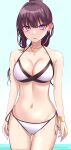  1girl bare_arms bare_shoulders bikini black_hair bracelet breasts cleavage collarbone cowboy_shot halterneck highres ichiki_1 jewelry large_breasts long_hair looking_at_viewer mole mole_on_thigh mole_under_eye nail_polish navel necklace original parted_lips ponytail purple_eyes side-tie_bikini solo standing stomach string_bikini swimsuit thighs white_bikini 
