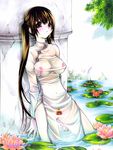  blush brown_eyes brown_hair china_dress chinese_clothes copyright_request dress flower highres lily_pad long_hair long_sleeves non-web_source pale_skin pubic_hair sakuraniku_umatarou see-through solo twintails very_long_hair water wet white_dress 