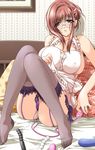  apron bed breasts brown_hair covered_nipples feet garter_belt glasses hair_up hitozuma_kasumi-san jewelry lace lace-trimmed_thighhighs large_breasts masturbation matsubara_kasumi mature purple_eyes pussy_juice ring sideboob sitting solo sumeragi_kohaku thighhighs toes vibrator wedding_band 