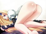  ass barefoot blonde_hair blue_eyes blue_headband blush bottomless bruise censored elbow_gloves gloves guilty_gear headband injury legs long_hair millia_rage no_panties oogami_yuuki pussy scared solo top-down_bottom-up 
