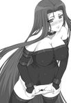  bar_censor blush breasts censored choker cleavage covered_nipples detached_sleeves dress eyebrows_visible_through_hair fate/stay_night fate_(series) greyscale large_breasts long_hair monochrome panties panty_pull pubic_hair pussy rider shichimenchou solo strapless strapless_dress thighhighs underwear 