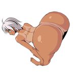  ass bad_id bad_pixiv_id bent_over blue_eyes blush breasts copyright_request foreshortening full_body huge_ass large_breasts ninomae_ichijiku nude one-piece_tan pussy short_hair sideways_mouth simple_background smile solo stretch tan tanline white_background white_hair 