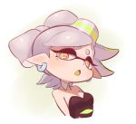  +_+ 1girl artist_name black_dress breasts brown_eyes cleavage commentary_request coula_cat cropped_arms cropped_torso detached_collar domino_mask dress earrings food food_on_head frown green_tongue grey_hair half-closed_eyes hotaru_(splatoon) jewelry looking_at_viewer mask medium_breasts mole mole_under_eye object_on_head open_mouth pointy_ears short_hair signature solo splatoon splatoon_(series) splatoon_1 strapless strapless_dress tentacle_hair upper_body 
