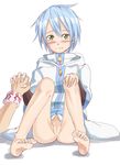  blue_hair blush bottomless closed_mouth double_arts feet figarette_elraine green_eyes holding_hands no_panties pussy rayphenos short_hair sitting solo_focus tears 