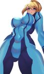  1girl blonde_hair blue_bodysuit blue_eyes blush bodysuit breasts covered_navel from_below highres large_breasts long_hair looking_at_viewer metroid metroid_(classic) open_mouth ponytail samus_aran simple_background skin_tight solo volyz white_background zero_suit 