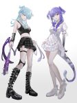  2girls absurdres ankle_boots black_footwear black_skirt black_tank_top blue_hair boots braid dragon_girl dragon_tail dress elira_pendora full_body guriddopitto hair_ornament hair_over_one_eye head_wings heterochromia highres holding_club long_hair looking_at_viewer low_wings midriff multiple_girls nijisanji nijisanji_en one_eye_covered purple_eyes purple_hair selen_tatsuki siblings simple_background sisters skirt tail tank_top thigh_strap twin_braids virtual_youtuber white_background white_dress white_footwear wings 