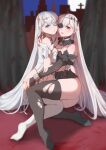  2girls absurdres ass ass_grab azur_lane black_legwear black_vs_white blue_eyes blue_gemstone breast_press breasts chain cleavage contrast cuffs detached_collar detached_sleeves dual_persona earrings emden_(azur_lane) flower flower_in_eye gem highres jewelry large_breasts long_hair long_sleeves looking_at_viewer multiple_girls nail_polish padlocked_collar puffy_short_sleeves puffy_sleeves red_eyes red_flower red_gemstone red_nails red_rose rose shackles short_sleeves symbol_in_eye symmetrical_docking thighhighs torn_clothes torn_legwear very_long_hair white_flower white_hair white_rose yinying12306 yuri 