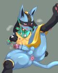  anthro anus balls black_body black_inner_ear blue_balls blue_butt blue_ears blue_penis blue_perineum blue_tail blush bodily_fluids butt censored clothed clothing foreskin genital_fluids genitals glans hi_res lucario nintendo nipples pawpads penis perineum pink_glans pink_penis pok&eacute;mon pok&eacute;mon_(species) precum red_eyes ruins_style_lucario spread_legs spreading sweat tongue tongue_out tukesiru video_games 