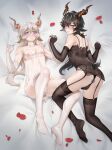  2boys anal anal_object_insertion animal_ears arknights ass babydoll bangs bare_shoulders bed_sheet black_choker black_gloves black_hair black_legwear black_panties blush bright_pupils bulge butt_plug calcite_(arknights) choker clenched_teeth collarbone ebenholz_(arknights) eyebrows_visible_through_hair garter_straps gins gloves goat_boy goat_ears goat_horns goat_tail highres holding_hands horns interlocked_fingers lingerie long_hair looking_at_viewer looking_back low_ponytail lying male_focus multiple_boys nippleless_clothes nipples no_shoes object_insertion on_back otoko_no_ko panties parted_lips petals pointy_ears purple_eyes see-through sex_toy sheet_grab teeth thighhighs underwear underwear_only v-shaped_eyebrows white_choker white_gloves white_legwear 