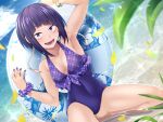  1girl :d armpits bangs bare_arms bare_legs blue_nails boku_no_hero_academia bracelet breasts casual_one-piece_swimsuit cleavage covered_navel day dutch_angle eyebrows_visible_through_hair highres innertube jewelry jirou_kyouka kobaji looking_at_viewer nail_polish ocean one-piece_swimsuit open_mouth outdoors purple_eyes purple_hair purple_scrunchie purple_swimsuit scrunchie shiny shiny_hair short_hair sitting small_breasts smile solo summer swimsuit wariza 