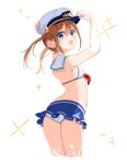  1girl absurdres adjusting_clothes adjusting_headwear ass bikini_skirt blue_eyes blush brown_hair cropped_legs eyebrows_visible_through_hair from_behind highres maechuu open_mouth pleated_skirt sailor_collar skirt smile swimsuit twintails two-tone_bikini 
