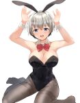  1girl :d animal_ears armpits arms_up bangs black_leotard blue_eyes blush bow bowtie breasts cleavage commentary covered_navel detached_collar eyebrows_visible_through_hair fake_animal_ears fang grey_legwear hair_between_eyes highres large_breasts leotard looking_at_viewer no_shoes on_floor open_mouth pantyhose playboy_bunny rabbit_ears red_bow red_bowtie short_hair simple_background sitting skin_fang smile solo strapless strapless_leotard thighband_pantyhose tomura2maru uzaki-chan_wa_asobitai! uzaki_hana wariza white_background wrist_cuffs 