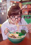  1girl absurdres alternate_costume blurry blurry_background bowl brown_eyes brown_hair chopsticks cross-eyed d.va_(overwatch) digele eating egg eyewear_on_head facial_mark food glasses highres holding holding_chopsticks holding_spoon long_hair looking_at_food noodles nori_(seaweed) overwatch ramen shirt slurping solo spoon t-shirt whisker_markings 