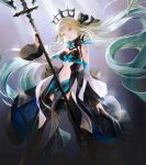  1girl black_bow black_footwear blonde_hair blue_eyes blue_hair boots bow breasts cleavage daeraeband fate/grand_order fate_(series) floating_hair gradient_hair hair_bow highres holding holding_weapon long_hair long_sleeves medium_breasts midriff morgan_le_fay_(fate) multicolored_hair navel open_mouth shiny shiny_hair solo stomach thigh_boots very_long_hair weapon wide_sleeves 
