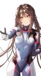  1girl absurdres blue_bodysuit bodysuit brown_eyes brown_hair cosplay cowboy_shot d.va_(overwatch) d.va_(overwatch)_(cosplay) facial_mark floating_hair genshin_impact grin hair_intakes highres hu_tao_(genshin_impact) index_finger_raised long_hair no_headwear overwatch shiny shiny_hair simple_background smile solo standing symbol-shaped_pupils thigh_gap twintails very_long_hair white_background zhi_wozi 