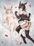  2boys anal anal_object_insertion animal_ears arknights ass babydoll bangs bare_shoulders bed_sheet black_choker black_gloves black_hair black_legwear black_panties blush bright_pupils bulge butt_plug calcite_(arknights) choker clenched_teeth collarbone ebenholz_(arknights) eyebrows_visible_through_hair garter_straps gins gloves goat_boy goat_ears goat_horns goat_tail highres holding_hands horns interlocked_fingers lingerie long_hair looking_at_viewer looking_back low_ponytail lying male_focus multiple_boys nippleless_clothes nipples no_shoes object_insertion on_back otoko_no_ko panties parted_lips petals pointy_ears purple_eyes sex_toy sheet_grab teeth thighhighs underwear underwear_only v-shaped_eyebrows white_choker white_gloves white_legwear 