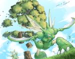  absurdres alternate_color closed_mouth cloud cutting dated day falling_leaves from_below grass highres katkichi leaf log lurantis no_humans outdoors pokemon pokemon_(creature) scyther shiny_pokemon signature sky smile tree 