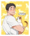  1boy animal balnom black_hair blush casual cat flying_sweatdrops holding holding_animal holding_cat male_focus nyan original short_hair short_sleeves solo sweatdrop upper_body 