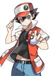  1boy absurdres bangs belt belt_buckle black_belt black_hair buckle closed_mouth collarbone commentary_request frown grey_eyes hair_between_eyes hand_on_headwear hat highres holding holding_poke_ball jacket male_focus navel open_clothes open_jacket pants poke_ball poke_ball_(basic) pokemon pokemon_(game) pokemon_rgby red_(pokemon) red_headwear shirt short_hair solo spiked_hair white_background yuihico 