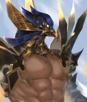  1boy abs absurdres armor artist_name bara bennu_(granblue_fantasy) cloud day egyptian fuyugomori_(shunberg12) granblue_fantasy helmet highres large_pectorals male_focus muscular muscular_male outdoors pauldrons pectorals shoulder_armor sky solo spiked_pauldrons spikes upper_body 