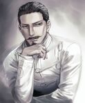  1boy beard black_eyes black_hair cheekbones facial_hair foxvulpine golden_kamuy grey_background hair_slicked_back hand_up long_sleeves looking_at_viewer male_focus mustache short_hair simple_background solo tsurumi_tokushirou upper_body 