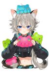  1girl animal_ear_fluff animal_ears artist_name bangs belt blue_eyes blue_nails blush breasts cat_ears ear_piercing gotou_(nekocat) grey_hair holding holding_toy licking_lips light_blush long_hair long_sleeves low_twintails midriff navel original piercing small_breasts solo tongue tongue_out toy twintails upper_body white_background 