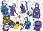  &gt;_&lt; ... 2girls absurdres arrow_(symbol) blue_gloves blush commentary_request eighth_note facing_another fang flying_sweatdrops gloves graffiti hazmat_suit highres hololive hololive_indonesia looking_at_another moona_hoshinova multiple_girls multiple_views musical_note one_knee orange_gloves pavolia_reine powerwash_simulator purple_hair sparkle spoken_ellipsis spraying tearing_up thought_bubble translation_request virtual_youtuber water water_gun white_background yomosaka 