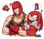  1boy 1girl ? bangs biceps black_sports_bra bob_cut chain collarbone colored_skin crossed_arms crossover dated english_commentary furry furry_male gold_chain hair_between_eyes hershuar juggernaut_(x-men) knuckles_the_echidna magneto marisa_(street_fighter) marvel multiple_crossover muscular muscular_female purple_eyes red_eyes red_hair red_skin short_hair sonic_(series) sonic_boom_(game) speech_bubble spiked_knuckles sports_bra street_fighter street_fighter_6 trait_connection twitter_username x-men 
