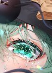  1girl absurdres black_headwear close-up crying eye_focus eyeball green_eyes green_hair hat hat_ribbon heart heart_of_string highres komeiji_koishi ribbon tears third_eye touhou tsune_(tune) yellow_ribbon 