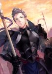  1boy armor closed_mouth collar fire_emblem fire_emblem_fates green_eyes grey_hair hashiko_(neleven) holding holding_polearm holding_weapon looking_at_viewer outdoors polearm shoulder_armor silas_(fire_emblem) upper_body weapon 