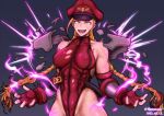  1girl armor aura biceps braid breasts broken_armor cammy_white cosplay covered_abs covered_navel covered_nipples crazy_eyes dated elbow_gloves english_commentary gloves hat hershuar highleg highleg_leotard large_breasts leotard long_hair muscular muscular_female official_alternate_costume open_mouth pauldrons peaked_cap red_gloves red_headwear red_leotard ribs scar scar_on_cheek scar_on_face shoulder_armor solo street_fighter street_fighter_iv_(series) torn_belt twin_braids vambraces vega vega_(cosplay) very_long_hair w_arms 