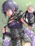  1girl armor bangs belt boku_no_hero_academia breasts choker cleavage cleavage_cutout clothing_cutout flower green_background holding holding_weapon jirou_kyouka looking_to_the_side purple_eyes purple_hair serious short_hair shoulder_armor simple_background small_breasts solo strap user_apmg4232 warrior weapon whip 