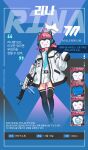  1girl absurdres ahoge assault_rifle bangs black_legwear blue_archive blue_background blue_necktie blue_screen_of_death blunt_bangs blunt_ends cat_ear_headphones character_name character_sheet commentary_request elelele_(bpoisoner) gun halo hand_up headphones highres jacket korean_commentary korean_text legs looking_at_viewer love_live! love_live!_nijigasaki_high_school_idol_club miniskirt necktie parody pleated_skirt rifle rina-chan_board shirt shoes short_hair skirt sleeves_past_fingers sleeves_past_wrists sneakers solo tennouji_rina thighhighs thighs translation_request weapon white_footwear white_jacket white_shirt white_skirt wifi_symbol wing_collar 