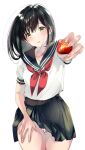  1girl bangs black_hair black_sailor_collar black_skirt blush brown_eyes collarbone food food_print fruit hand_on_own_thigh hatigatunoneko highres holding holding_food holding_fruit ichigo_100_percent long_hair looking_at_viewer neckerchief panties print_panties red_neckerchief sailor_collar school_uniform serafuku short_sleeves simple_background skirt solo strawberry strawberry_print toujou_aya underwear white_background 