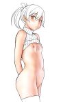  1girl arms_behind_back blush bottomless breasts brown_eyes clothes_lift looking_at_viewer navel nipples partially_colored ponytail shirt_lift short_hair short_ponytail shoumaru_(gadget_box) simple_background small_breasts solo thighhighs white_background 