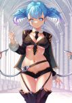  1girl absurdres architecture ass_visible_through_thighs bangs belt between_breasts blue_eyes blue_hair bra braid breasts cape cleavage column demon_tail emblem facial_mark fantasy fingernails garter_straps hand_up high_ceiling highres large_breasts long_fingernails long_sleeves loose_socks medium_hair micro_shorts multicolored_eyes multicolored_hair multiple_tails nail_polish narrowed_eyes navel necktie necktie_between_breasts original pillar purple_eyes purple_hair shorts smile solo tail thigh_gap thighhighs twintails two-tone_hair two_tails unbuttoned_shorts underboob underwear yoko-ya_manjirou 