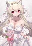  1girl absurdres animal_ear_fluff animal_ears blonde_hair bouquet breasts bridal_veil bride cat_ears dress hair_between_eyes heart heart_necklace highres hinata_(user_rjkt4745) holding holding_bouquet large_breasts long_hair looking_at_viewer original red_eyes smile solo strapless strapless_dress tiara veil wedding_dress white_dress 
