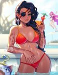  2girls abs alternate_costume animal arm_tattoo artist_name bangs bikini black_hair blushy-pixy braid breasts cat eyepatch highres holding large_breasts league_of_legends long_hair mole mole_above_mouth multiple_girls navel samira seraphine_(league_of_legends) smile solo_focus swimsuit tattoo water yuumi_(league_of_legends) 