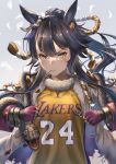 1girl animal_ears animal_on_shoulder bandaid bandaid_on_face bandaid_on_nose bangs basketball_uniform black_hair breasts closed_mouth coat commentary_request cosplay ear_ornament fingerless_gloves gloves grey_background hair_between_eyes highres horse_ears horse_girl kobe_bryant kobe_bryant_(cosplay) large_breasts long_hair long_sleeves looking_at_viewer los_angeles_lakers mouth_hold namesake narita_brian_(umamusume) national_basketball_association numbered open_clothes open_coat pink_gloves ponytail rope serious shimenawa shirt sidelocks snake solo sportswear stalk_in_mouth standing torn_clothes torn_coat umamusume upper_body white_coat yakkuro yellow_eyes 
