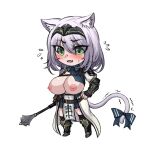  1girl animal_ear_fluff animal_ears armor armored_dress bangs belt belt_pouch black_gloves black_legwear blue_dress blush bow breasts breasts_out brown_belt cat_ears cat_girl cat_tail chest_guard chest_harness chest_strap chibi chinese_commentary cleavage cleavage_cutout clothing_cutout collared_dress commentary_request covered_navel dress eyebrows_visible_through_hair fingerless_gloves flying_sweatdrops full_body gloves greaves green_eyes grey_hair hair_between_eyes harness holding holding_weapon hololive kemonomimi_mode large_breasts leather_belt looking_at_viewer mace medium_hair nipples open_mouth pauldrons pelvic_curtain pouch puffy_sleeves shirogane_noel short_dress shoulder_armor simple_background single_pauldron solo tail tail_bow tail_ornament thighhighs vambraces virtual_youtuber waist_cape weapon white_background yeklsa 