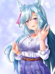  1girl alternate_costume animal_ears belt blue_hair blush casual collarbone commentary_request highres horse_ears jewelry looking_at_viewer mejiro_ardan_(umamusume) necklace open_mouth oshiaki purple_eyes simple_background solo umamusume waving 