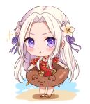 1girl :t blush breasts cape chibi cleavage closed_mouth edelgard_von_hresvelg fire_emblem fire_emblem:_three_houses fire_emblem_heroes hair_ornament hair_ribbon inflatable_toy long_hair looking_at_viewer moorina official_alternate_costume one-piece_swimsuit purple_eyes red_cape red_swimsuit ribbon simple_background solo swimsuit white_hair 