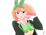  1girl :d bangs blue_eyes blush bow breasts collared_shirt commentary_request eyebrows_behind_hair go-toubun_no_hanayome green_bow green_jacket green_ribbon hair_between_eyes hand_up jacket kujou_karasuma long_sleeves looking_at_viewer medium_breasts nakano_yotsuba open_clothes open_jacket orange_hair ribbon shirt signature simple_background smile solo sweater_vest teeth upper_body upper_teeth white_background white_shirt 