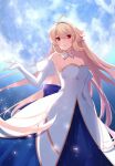  1girl absurdres ahoge archetype_earth arcueid_brunestud bangs blonde_hair breasts cleavage detached_collar detached_sleeves dress hair_between_eyes highres long_hair looking_at_viewer nemu_mohu open_mouth red_eyes solo standing strapless strapless_dress tsukihime white_dress 